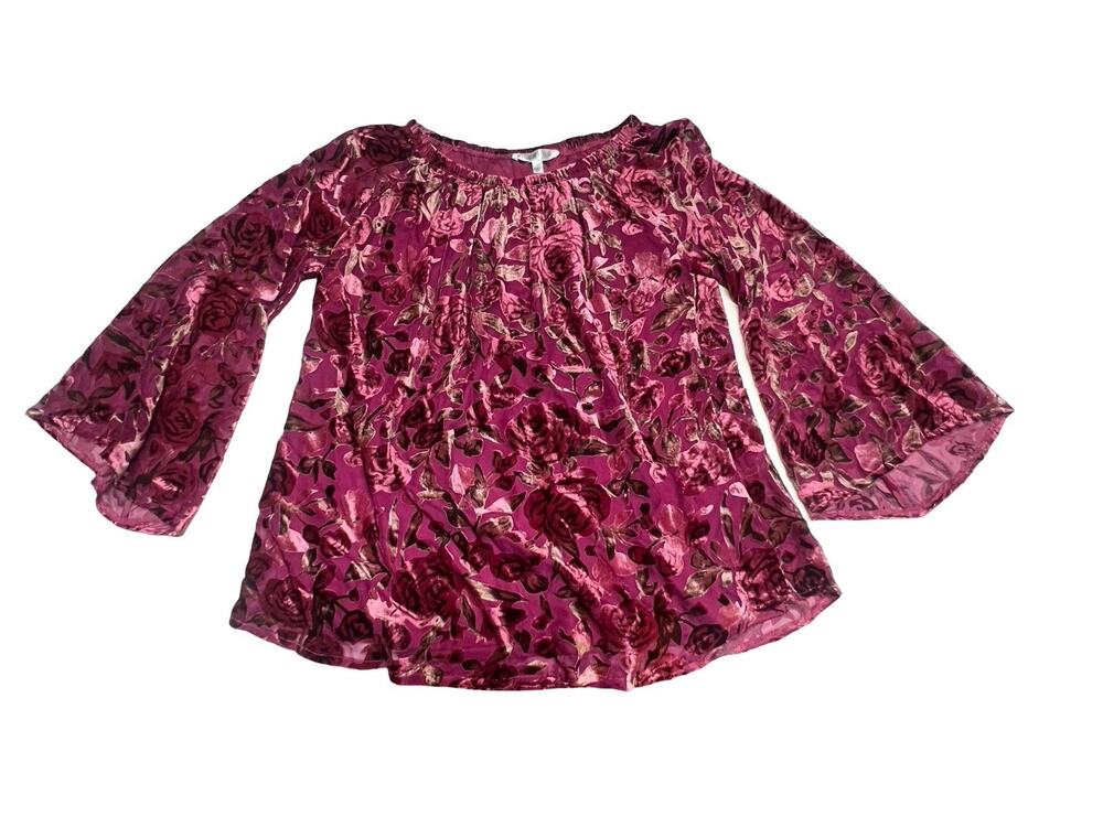Wild Majesty Top Womens M Pink Floral Velvet Flare Sleeve Tunic Blouse Boho